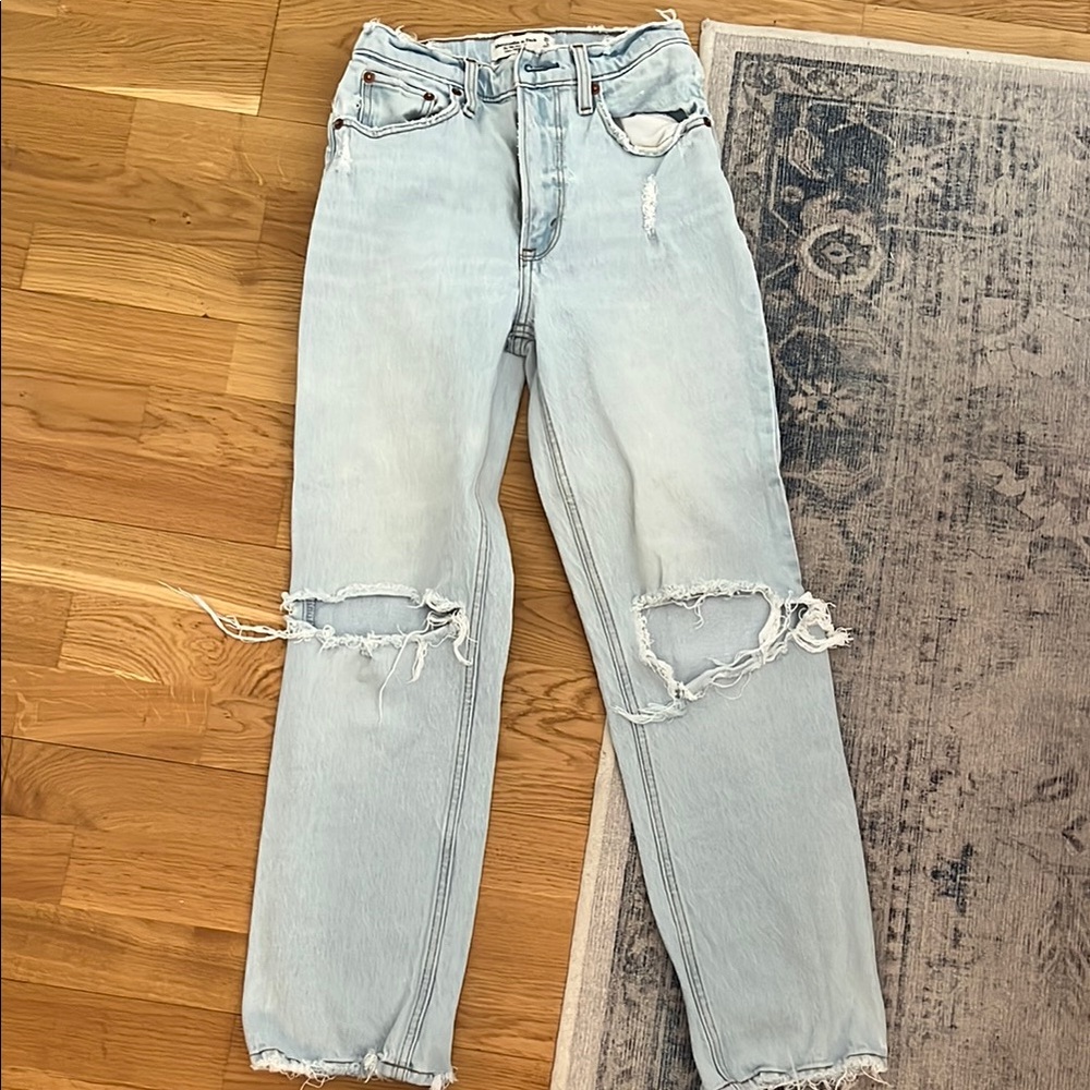 Abercrombie & Fitch Blue Straight Leg Jeans with Distressed Details